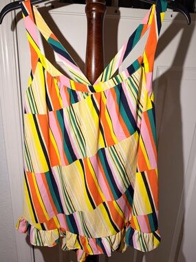 CAbi Multi-Color Striped Ruffle-Trim Tank